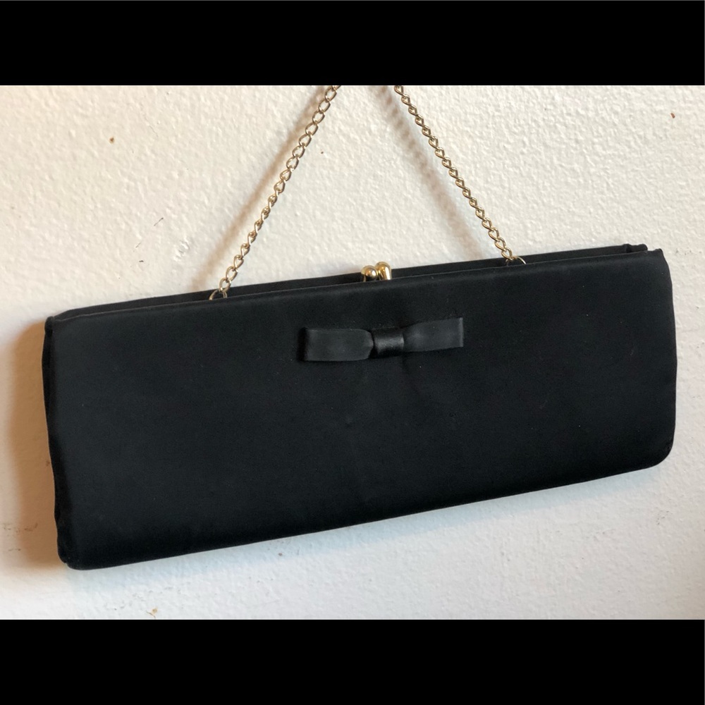 Vintage Black satin clutch with gold metal chain